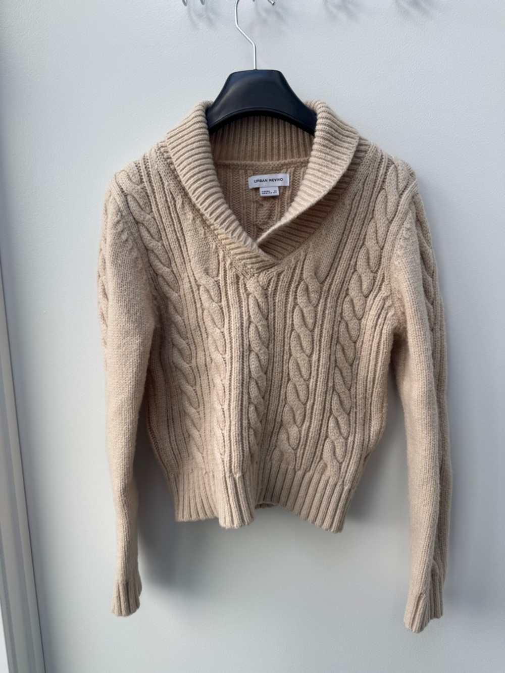 Urban Revivo Beige Cable Shawl neck Sweater